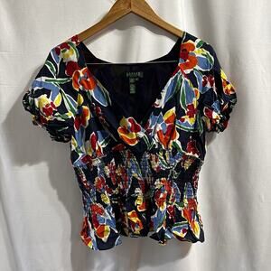 Lauren Ralph Lauren Women Floral Puff Sleeve Smocked Waist Silk Top Large petite